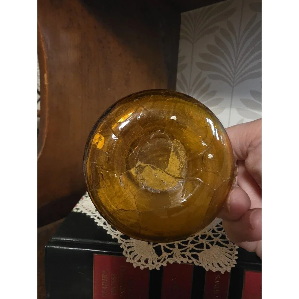 Vintage Pilgrim Amber Crackle Glass Pitcher Vase Hand Blown Clear Handle MCM
